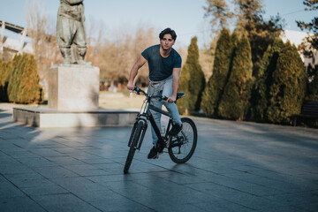 A young man takes a leisurely bike ride through the park on a bright, clear day.