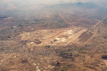 Aerial photograph of Felipe Angeles international airport NLU in Zumpango, Mexico north of Mexico City.   Originally named Santa Lucia Airport Base it is a second airport of Greater Mexico City.