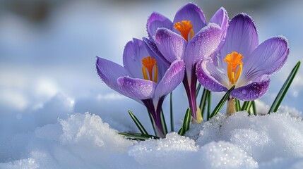 Beautiful crocus flowers in the snow. Early spring. Symbol of peace and joy. Banner, copy space