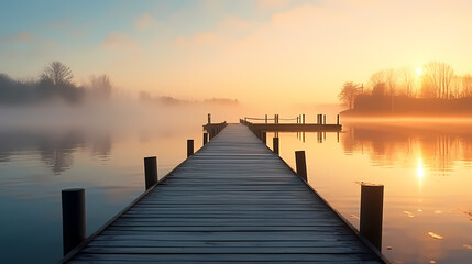 Naklejka premium Wooden pier on the lake at dawn