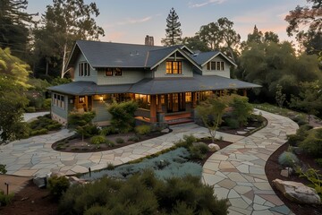 A drone's view capturing the tranquility of a traditional craftsman house exterior in light sage green, with a stone pathway.