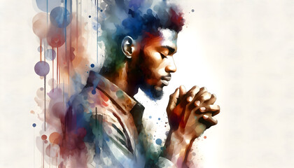 abstract illustration of a handsome young African american black man praying with his hands clasped - white background - watercolor strokes