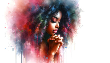 abstract illustration of a stunningly pretty young African american black woman praying with her hands clasped - profile side view - white background - watercolor strokes
