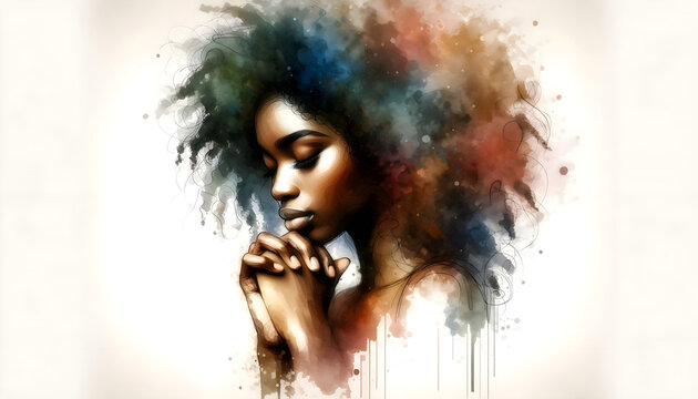abstract illustration of a stunningly pretty young African american black woman praying with her hands clasped - profile side view - white background - watercolor strokes