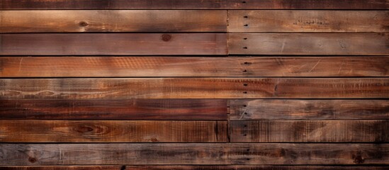 A closeup shot of a brown hardwood plank wall with a blurred brickwork background, showcasing the tints and shades of the wood stain