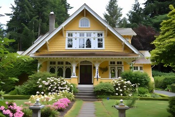 A picturesque craftsman house with a pale yellow exterior, surrounded by a well-manicured garden.