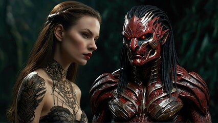 A hauntingly elegant vampire, poised in a fashion-forward stance, exudes a deadly allure with pallid skin and sleek, blood-red lips. This digital painting captures every intricate detail of the predat