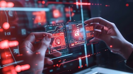 Employee confidentiality concept. Businessman use laptop to access documents data with padlock icon cyber security for managing corporate files and employee information