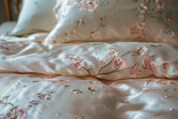 Luxurious silk bedding set with embroidery and a soft texture. Generative AI
