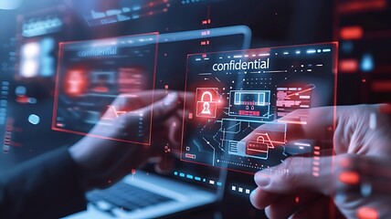 Employee confidentiality concept. Businessman use laptop to access documents data with padlock icon cyber security for managing corporate files and employee information