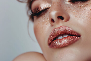 Fototapeta premium Beautiful woman's face with perfect art makeup with glitter. Generative AI