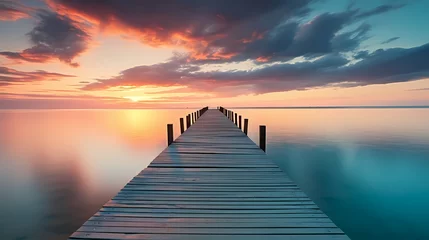 Foto op Plexiglas Wooden pier on the lake at dawn © xuan