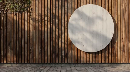 Fotobehang A wooden wall hosts a circular mockup signboard, awaiting a storefront's branding in a street setting © Orxan