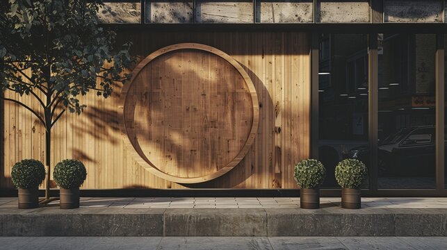 A wooden wall hosts a circular mockup signboard, awaiting a storefront's branding in a street setting