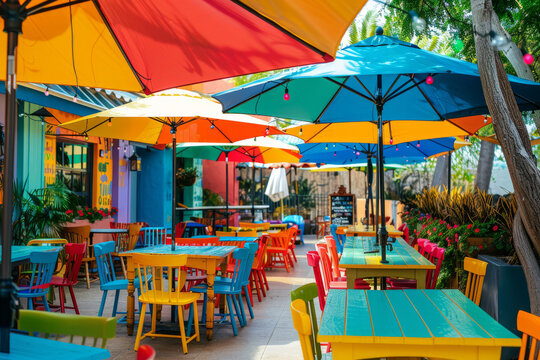 Outdoor patio with umbrellas shading colorful dining tables. Generative AI