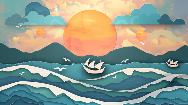 a painting of a sunset with a boat in the water and birds flying around it