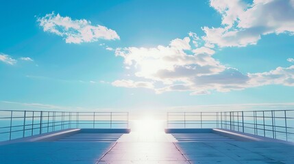 An outdoor stage setup for presentations stands open to the sky, illuminated by a light positioned between a fence and the floor, rendered in 3D against a blue backdrop