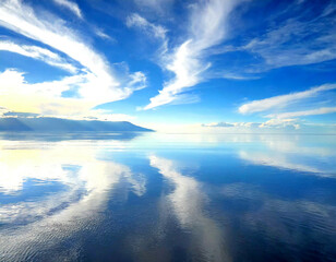美しい青空と明け方の雲を反射する水面湖 - obrazy, fototapety, plakaty