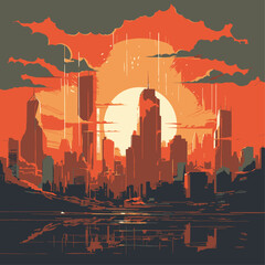 Modern City Orange Sunset Skyline Vector Illustration