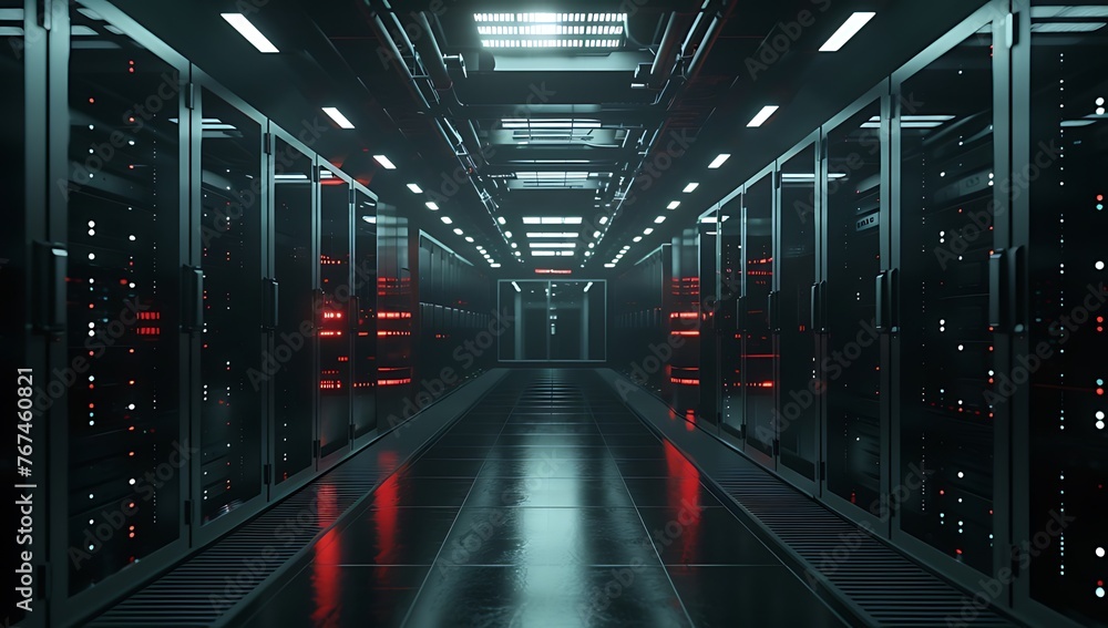 Aufkleber high-tech advanced data center illuminated with rows of glowing servers, cyber security data center 