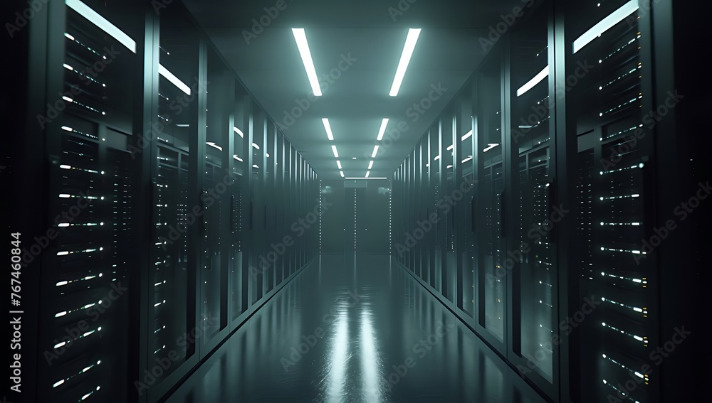 Aufkleber data center dark with glowing servers, 3d rendering. generative ai