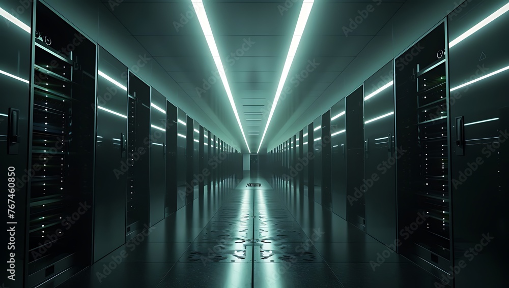 Aufkleber high-tech advanced data center illuminated with rows of glowing servers, cyber security data center 