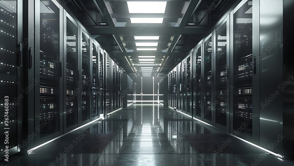 Aufkleber high-tech advanced data center illuminated with rows of glowing servers, cyber security data center 