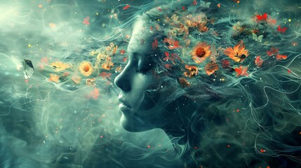 a woman with flowers in her hair - obrazy, fototapety, plakaty