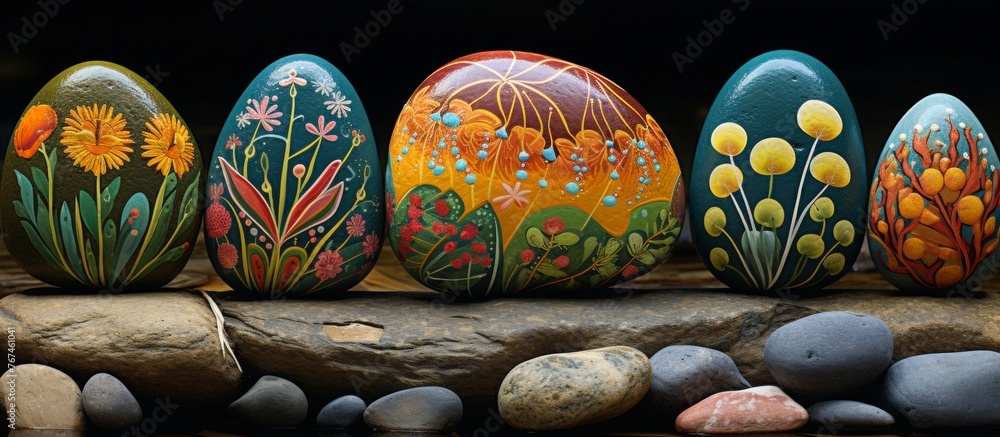Poster a row of artistically painted rocks with flower designs are arranged on a larger rock in a visually 