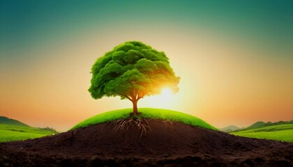 Panorama small tree growing with sunrise. green world and earth day concept created with generative ai - obrazy, fototapety, plakaty