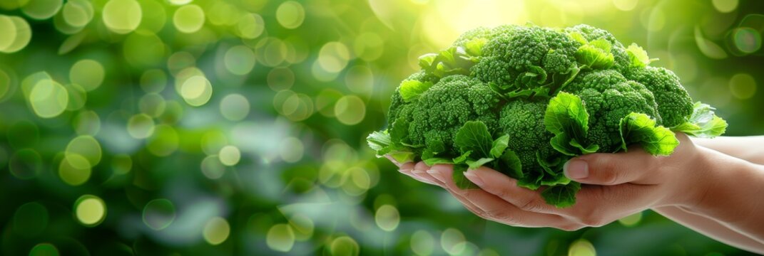 Hand holding fresh broccoli floret on blurred background with space for text placement