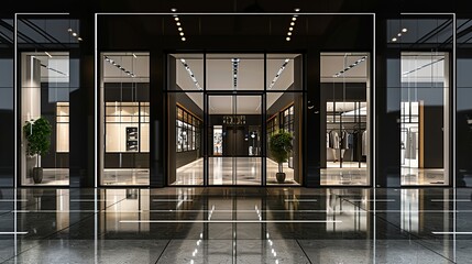 Reflective glass doors mark the entrance to a shopping center, framed in black and enhanced with storefront lighting, depicted in a realistic vector illustration - obrazy, fototapety, plakaty