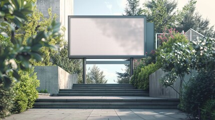 Set against a background of greenery and a stairway, a sizable empty billboard offers a space for digital or printed advertising, standing on a speckled concrete surface - obrazy, fototapety, plakaty