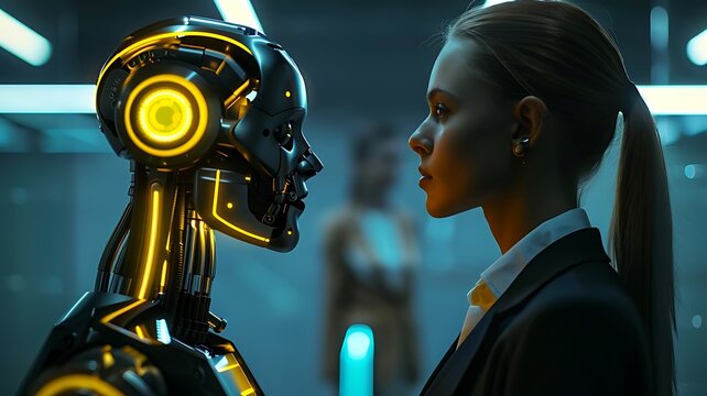 Human AI Robot Interaction: determination. businesswoman, scientist, human-robot interaction. glowing eyes, technology, future, futuristic, AI robot, human connection, innovation.