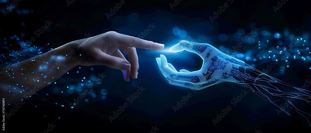 Aufkleber (ai) artificial intelligence machine learning, hands of robot and human touching on big data network