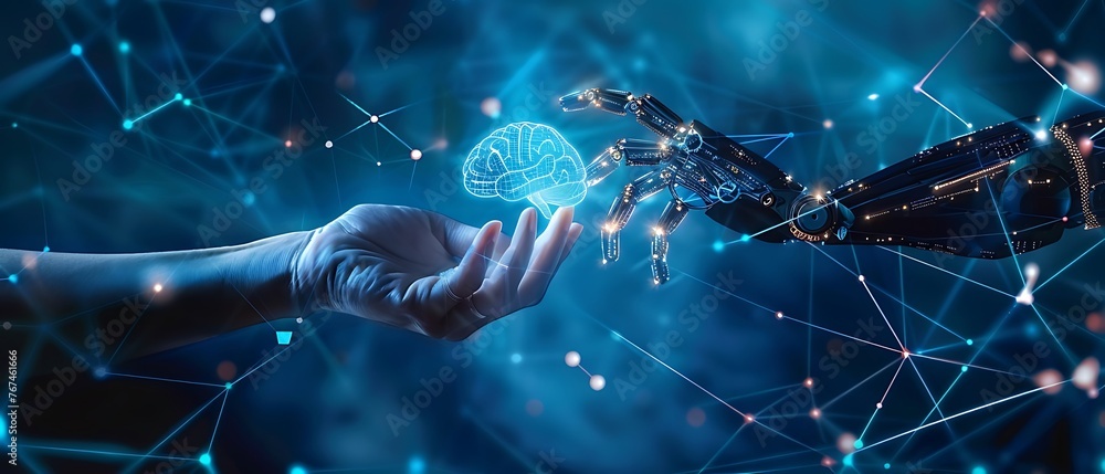 Aufkleber (ai) artificial intelligence machine learning, hands of robot and human touching on big data network