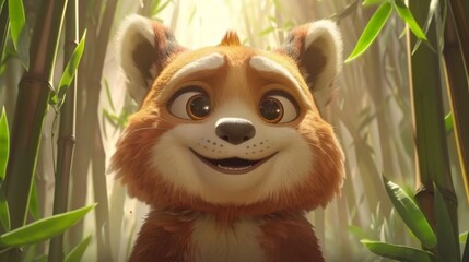  a close up of a stuffed animal in a bamboo forest with bamboo trees and sunlight shining down on it's face.