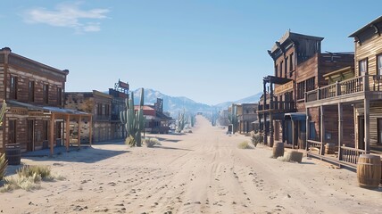 Fototapeta na wymiar Old Western Ghost town with wooden buildings and dusty streets, saloon and huge cactus, desert background. Clear blue sky. Daytime. Empty street in an old wild west town, during the sunny day. 