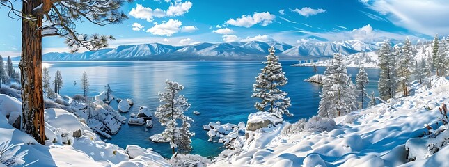 Panoramic view of lake tahoe with snow covered mountains in the background, clear blue sky and turquoise water of south tahoe with pine trees and ski resort on horizon
