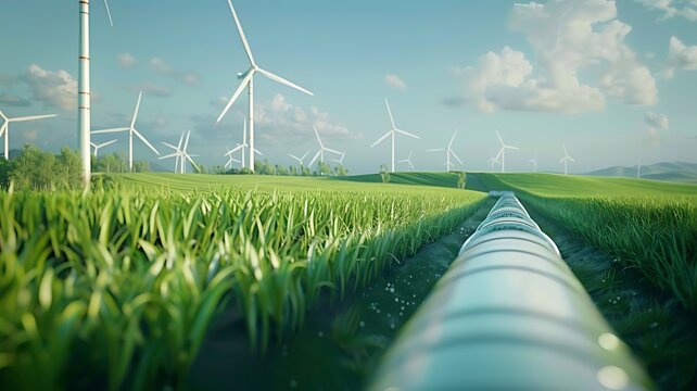 A hydrogen pipeline with wind turbines in the background. Green hydrogen gas production concept. Sustainable green energy. Eco-friendly environment natural gas production.