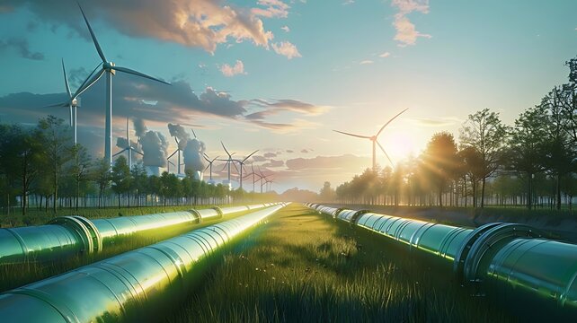 A hydrogen pipeline with wind turbines in the background. Green hydrogen gas production concept. Sustainable green energy. Eco-friendly environment natural gas production.