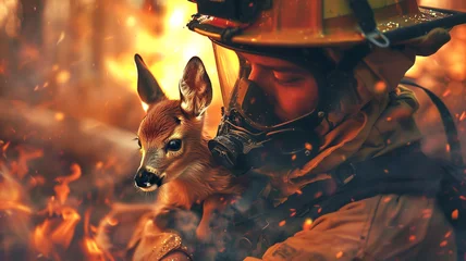 Foto op Plexiglas Firefighter in the fire fighting action carries a little baby deer. © Kulsawasd