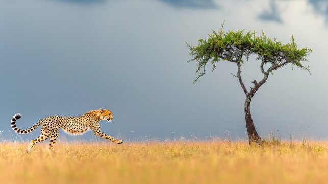  a cheetah running away from a tree in the middle of a field with a cloudy sky in the background.