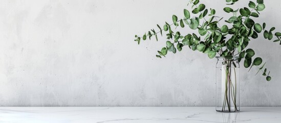 Green eucalyptus leaves displayed in a vase on a white table, viewed from the front angle with space for text or mockup. - obrazy, fototapety, plakaty