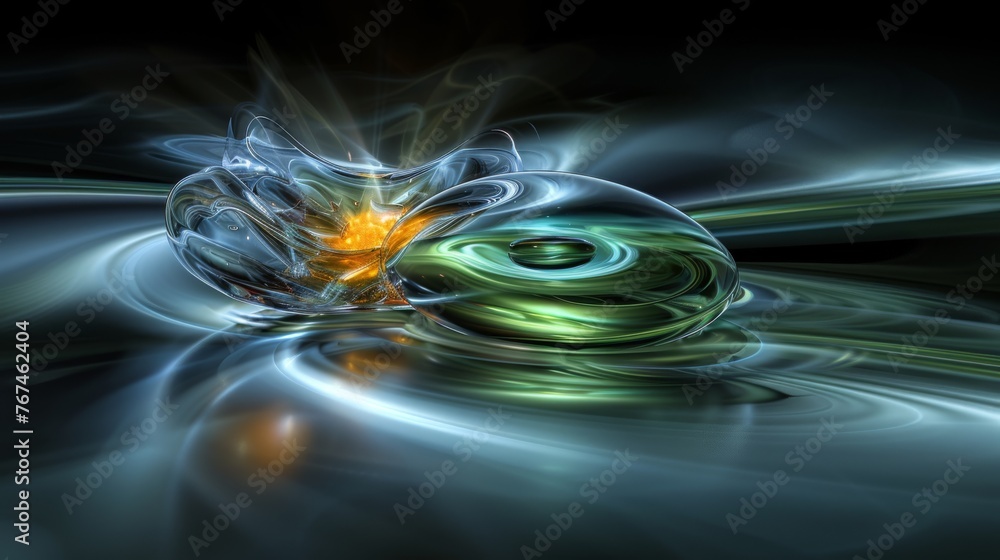 Poster a computer generated image of a green and yellow object in the middle of a body of water with a blac