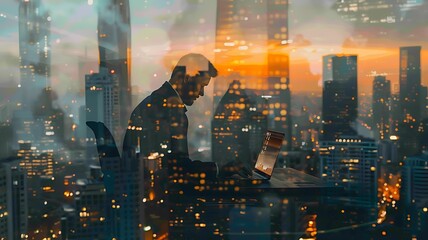 Double exposure of a businessman working on a laptop with a cityscape background in the reflection. The man is sitting at his desk using a computer with skyscrapers in the reflection. - obrazy, fototapety, plakaty