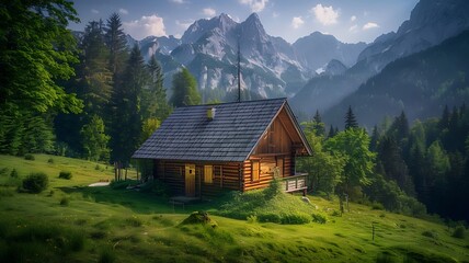 Fototapeta na wymiar Rustic wooden cabin house in the mountains: A small cozy cabin in a dense green forest with high mountains. Nature retreat, Rustic cabin, Outdoor adventure. Idyllic mountain getaway, wilderness escape