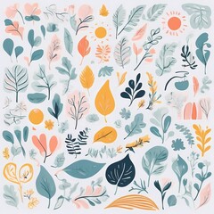 A collection of seamless pattern, colorful abstract plants and flowers. Hand drawn Collection of leaves and flowers. A close up of a pattern of flowers and leaves.
