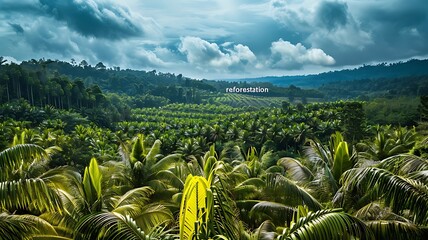 Fototapeta premium Reforestation & Palm Plantation: Environmental conservation, sustainable practices. Tree planting, biodiversity restoration, eco-friendly. Palm oil industry, agriculture, tropical farming, green earth