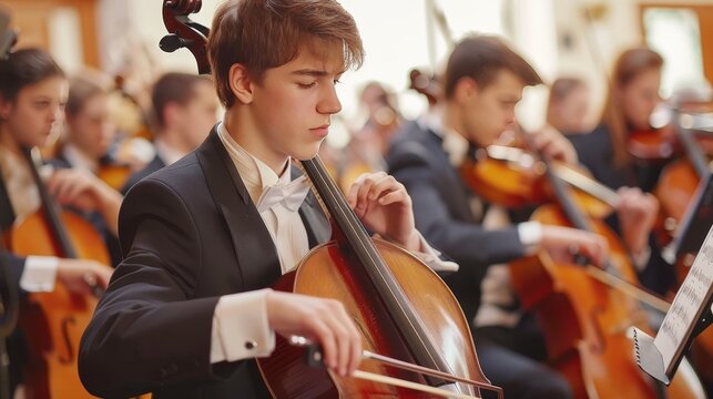 Symphonic orchestra performing classical music concert on stage with professional musicians